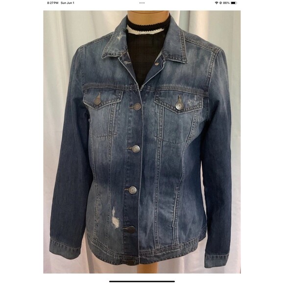 BCBGenervation Jean Jacket Womens M Distressed Blue Denim Pockets Trucker Biker - Picture 1 of 10